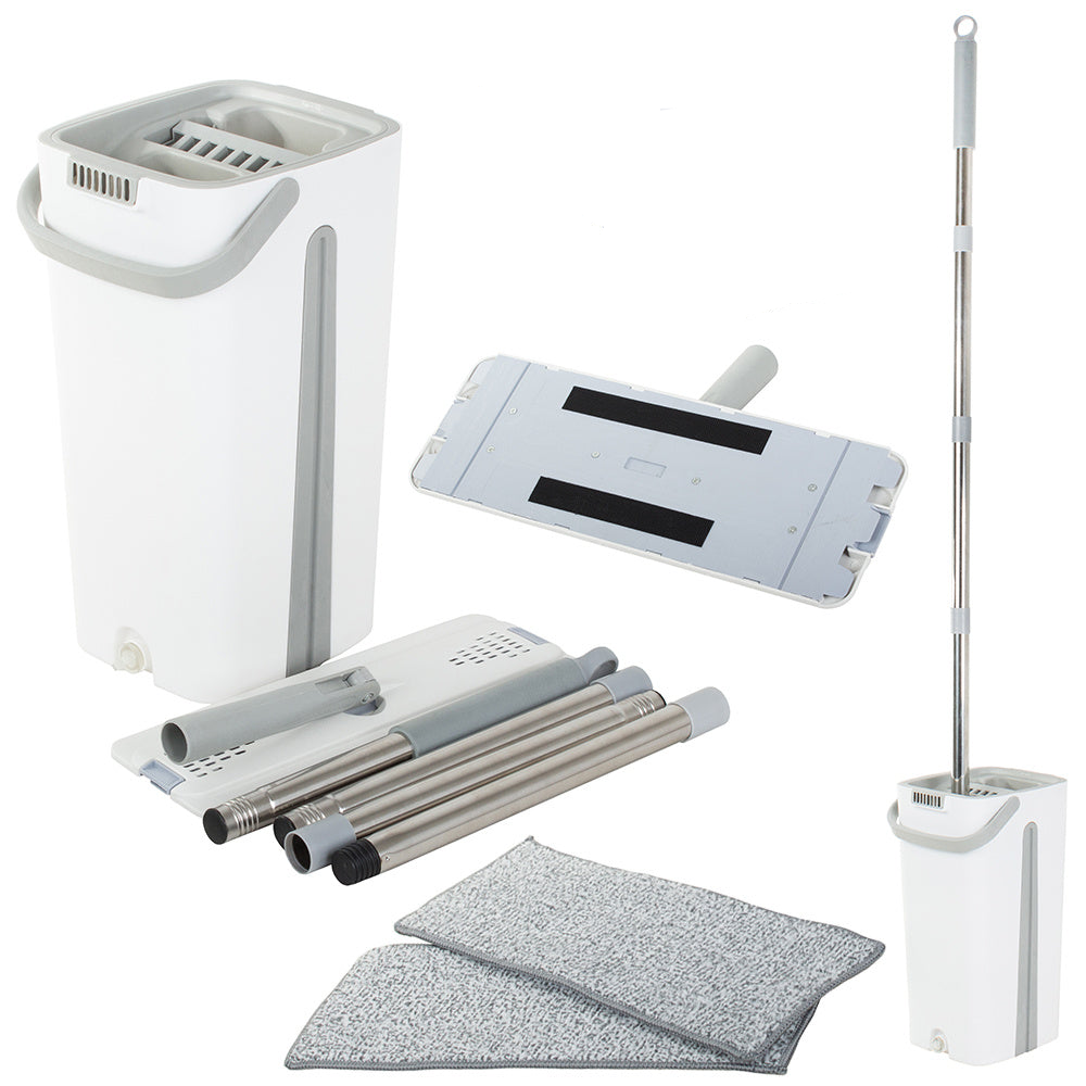 Set mop si galeata pentru stoarcere, Zola®, cu 2 camere, absoarbe rapid murdaria si apa, alb/gri Set mop si galeata pentru stoarcere, Zola®, cu 2 camere, absoarbe rapid murdaria si apa, alb/gri